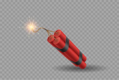 Gerçekçi detaylandırılmış üç boyutlu kırmızı patlayıcı bomba çubukları fünyesinde alev alev.