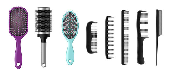 Hairbrushes and combs realistic set. Isolated hair brushes, barber and hairdresser tools