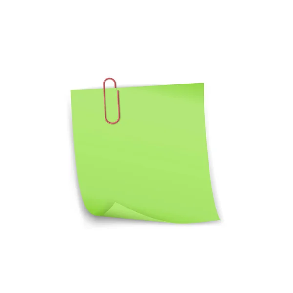 Nota memorando de papel com clipe de papel de metal. Folha adesiva verde para texto de mensagem ou notificação — Vetor de Stock
