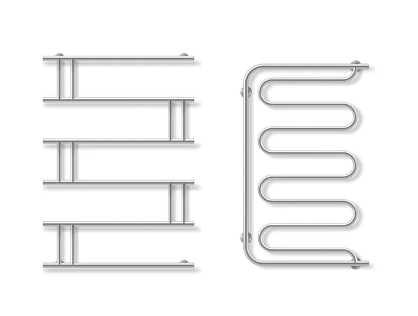 Calefator metálico toalheiro conjunto realista. Coleção de cromo combinado rack para secagem de roupas — Vetor de Stock