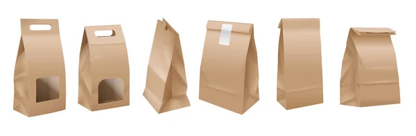 Kolekce krabic pro potraviny a soupravu produktů. Prázdné řemeslné papírové balíčky pro odnášení výživy — Stockový vektor