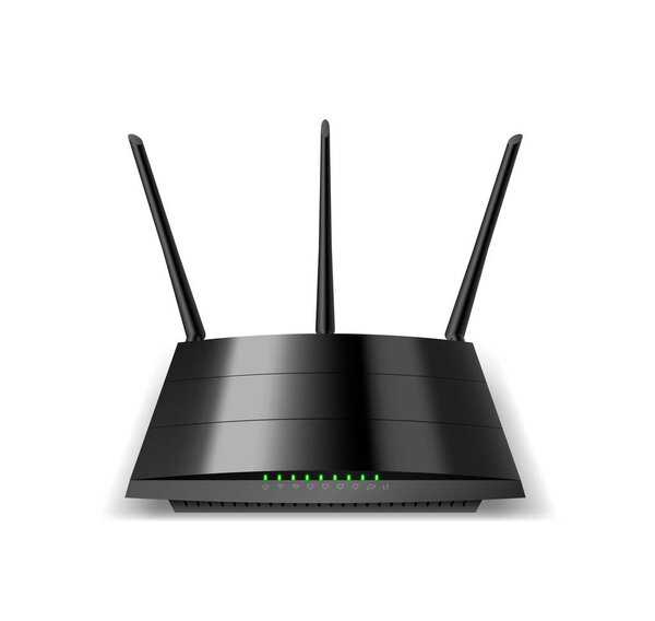 Realistic Wi-Fi router with three antennas and lights for connecting internet cable