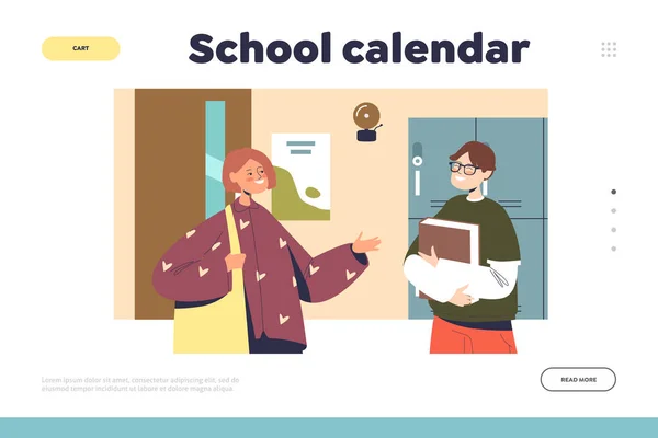Koncepcja kalendarza szkolnego strony lądowania z kilkoma licealistami rozmawiającymi w korytarzu — Wektor stockowy