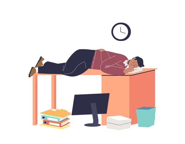 Trött på att en överarbetad man sover på arbetsplatsen. Exhausted manager kontorsarbetare ligger vid skrivbordet — Stock vektor