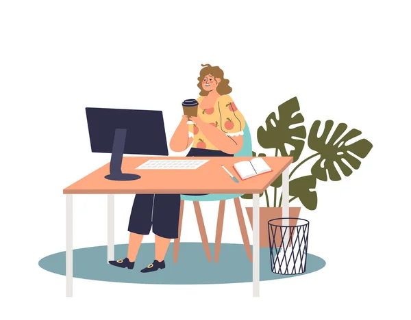 Mulher cansada trabalhador bebendo café no escritório local de trabalho trabalhando horas extras no computador — Vetor de Stock