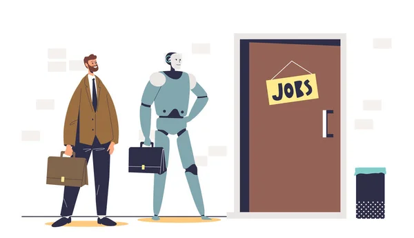 Άνδρας και ρομπότ περιμένουν συνέντευξη για δουλειά στο γραφείο. Καινοτομία στο ανθρώπινο δυναμικό στις επιχειρήσεις — Διανυσματικό Αρχείο