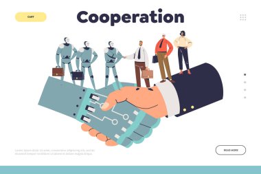 Robotlar ve insan iş adamlarıyla işbirliği konsepti el sıkışıyor.