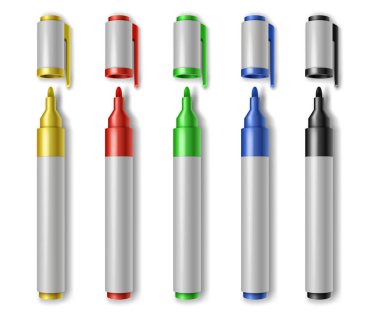 Renkli kalem seti gerçekçi. Çocuklar ve sanatçılar 3D yalıtılmış tırnak paketini kalemle kaleme aldılar