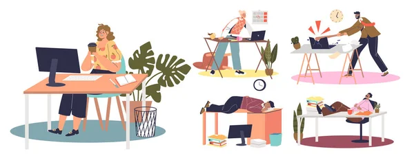 Personer med trötthet och utmattning på arbetsplatsen. Uppsättning arga, trötta och stressiga kontorsanställda — Stock vektor