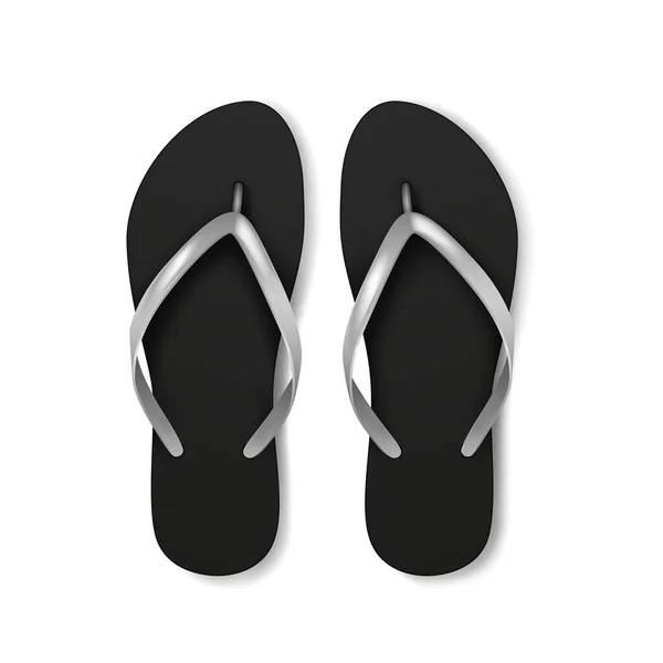 Pantai sandal flops template sandal. Mockup 3d kosong yang realistis. Mock up sandal pantai hitam - Stok Vektor
