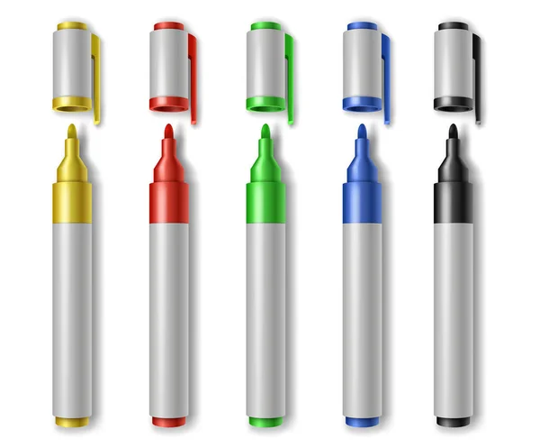 Stylos marqueurs colorés mis réaliste. Crayons pour enfants et artistes pack cliparts isolés 3d — Image vectorielle
