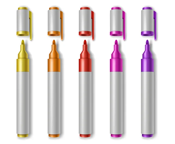 Lápiz marcador de colores. Lápiz iluminador realista de color amarillo, naranja, rojo, púrpura para dibujar — Vector de stock