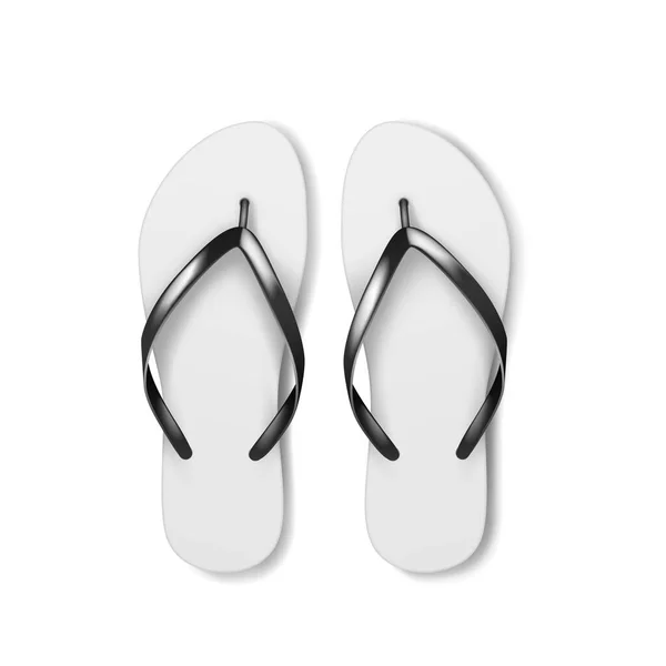 Ett par vita flip-flops. Realistiska sommarbadtofflor för resor eller semester slitage 3D-mockup — Stock vektor