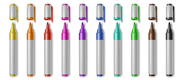 Marcadores coloridos realistas con tapas abiertas, paleta de lápiz de dibujo. Juego de iluminadores de papelería — Vector de stock