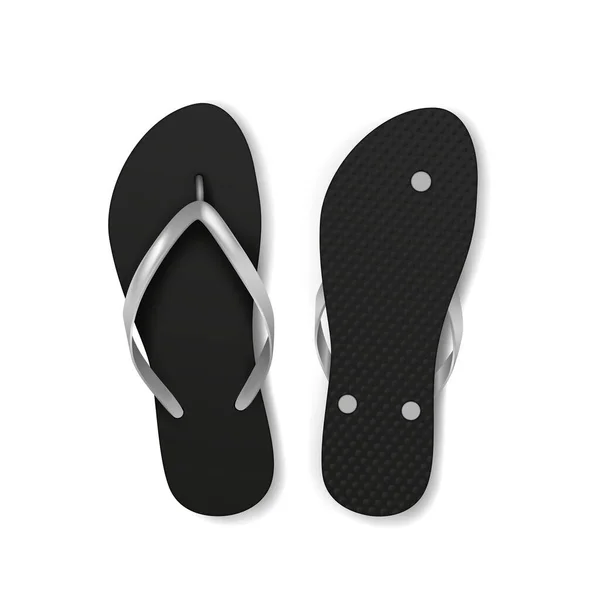 Een slipper met zwarte teenslippers voor strandactiviteiten, reizen of spa. Realistische zomer vakantie sandalen — Stockvector