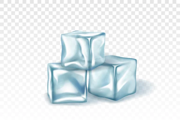 Cubes de glace réalistes pile, blocs de glace cristal bleu transparent morceaux d'eau gelée isolés — Image vectorielle
