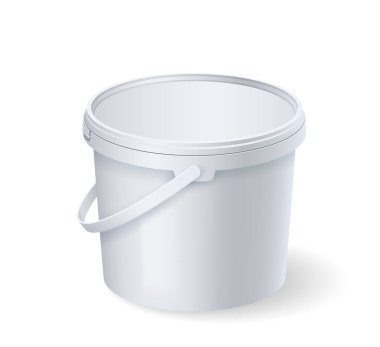 Plastik şapkalı gerçekçi beyaz kova ve manken. Boş gıda ürün taşıyıcı şablonu