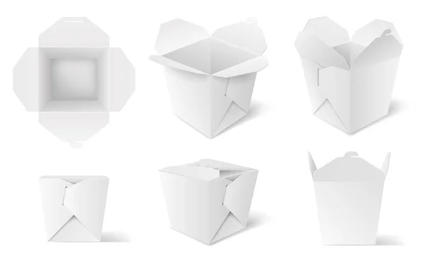 Realistische meeneem noodle box mockup voor chinees eten set. Blanco kartonnen meeneemcontainer — Stockvector