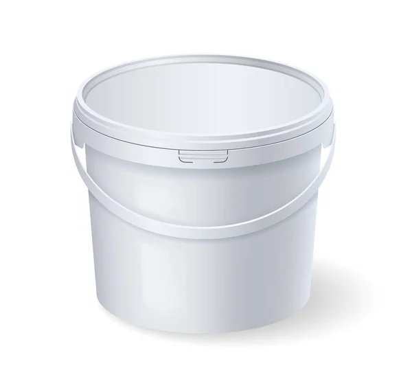 Cubo de plástico blanco mate para productos alimenticios, pintura, artículos para el hogar. maqueta de embalaje realista — Vector de stock