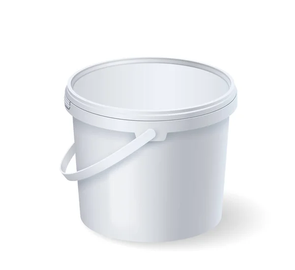 Cubo blanco realista con tapa de plástico y manija maqueta. Plantilla de contenedor de productos alimenticios en blanco — Archivo Imágenes Vectoriales