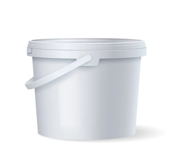 Weiße Plastikeimer-Attrappe, realistische Vorlage für Lebensmittelverpackungsbehälter für Produkte — Stockvektor