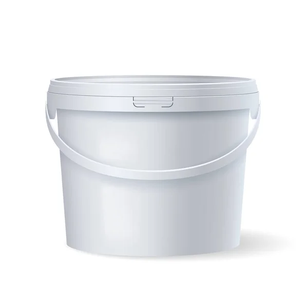 Cubo de plástico blanco con tapa y asa. Embalaje del producto de la plantilla para alimentos o pinturas — Vector de stock