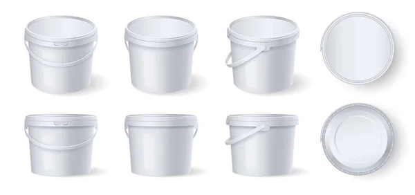 一套白色塑料桶与手柄和盖子，不同的侧面观点。品牌制作的模板模型 — 图库矢量图片