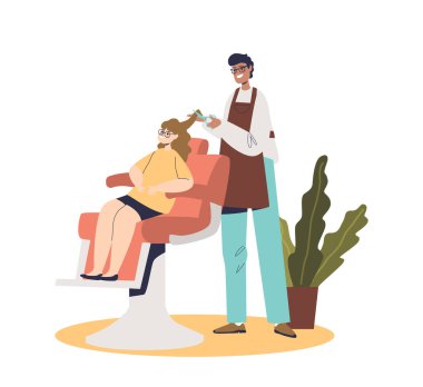 Genç bir kız için saç kesen kadın kuaför. Çocuklu kuaför salonu. Çocuklar için berber dükkanı