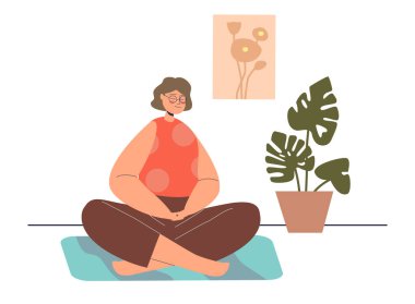 Kız evde meditasyon yapıyor. Yaşam dengesi, refah ve akıl sağlığı için. Kadın yoga yapıyor.