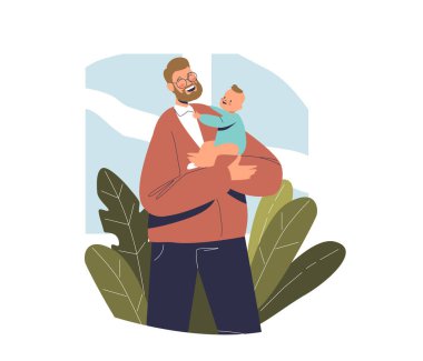 Baba, babalık izninde yeni doğmuş bebekle oynuyor. Erkek ebeveyn çocuğuna evde bakıyor.