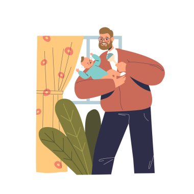 Baba ağlayan çocuğu sakinleştiriyor. Baba yeni doğan çocuğu teselli ediyor. Babalık izninde olan çocuklu ebeveyn