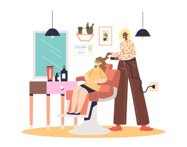 Küçük kız için saç kesen kadın kuaför. Kuaför çocuk için kuaförlük yapıyor.