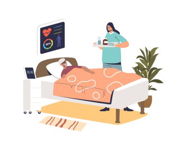 Hemşire yaşlı hasta kadına hastane yatağında ilaç getiriyor. Tıbbi tedavi gören yaşlı bir kadın.