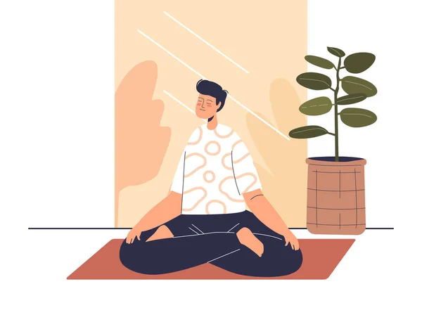 Hombre meditando en casa sentarse con las piernas cruzadas en pose de loto relajante y recreando — Archivo Imágenes Vectoriales