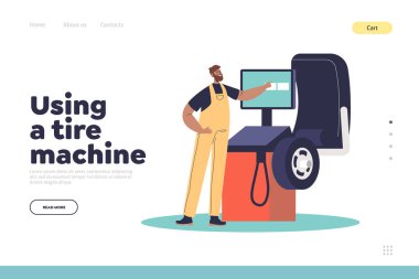 Araç lastiği monte edilmeden önce tekerlek montajında tamirciyle iniş sayfası konseptini kullanarak