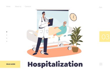 Doktor eşliğinde hastaneye kaldırılma konsepti yoğun terapi hastanesindeki eski hastayı ziyaret ediyor.