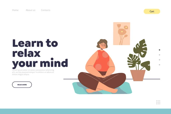Learn to relax mind concept of landing page with girl practice meditation at home for life balance — 스톡 벡터
