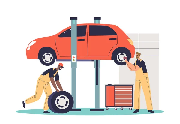 Silniční vozidla opravy pracovníci výměna a montáž pneumatik v garáži pro automobil — Stockový vektor