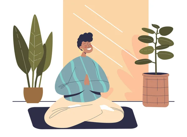 Hombre tranquilo meditando en casa. Relajado joven masculino practica yoga y equilibrio mental para aliviar el estrés — Archivo Imágenes Vectoriales