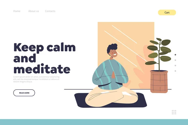 Keep calm and meditate concept of landing page with man practice yoga at home — 스톡 벡터