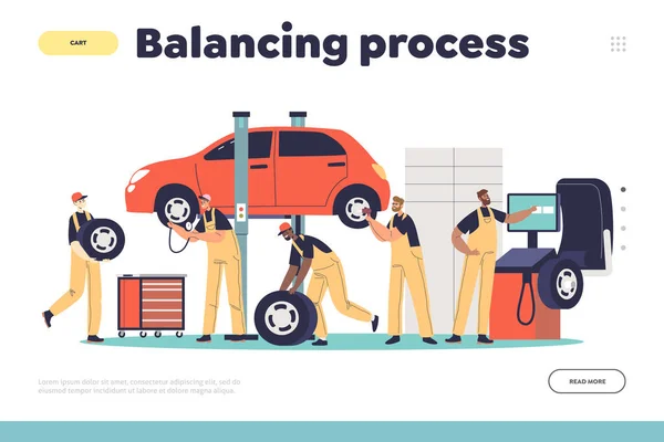 Gépjármű-kiegyensúlyozási folyamat koncepciója a leszállóoldal és a jármű gumiabroncsát cserélő munkavállalók esetében — Stock Vector