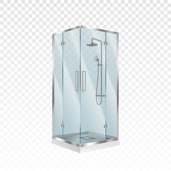 Cabina de ducha de lujo realista aislado. Caja de baño de esquina, armario con puerta de cristal transparente — Vector de stock