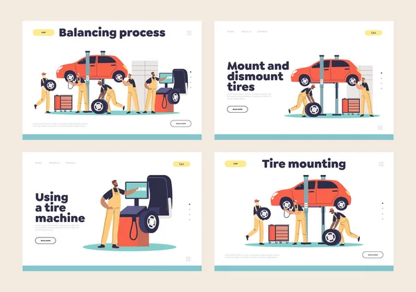 Páginas de aterrizaje de montaje de neumáticos con los trabajadores de servicio de automóviles instalando y montando neumáticos en los vehículos — Archivo Imágenes Vectoriales