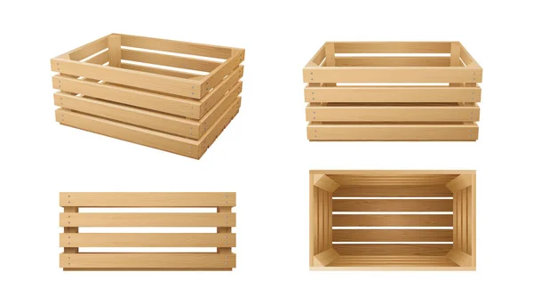 Conjunto de caixas de madeira realistas, cestas para transporte e entrega de alimentos, frutas, legumes — Vetor de Stock