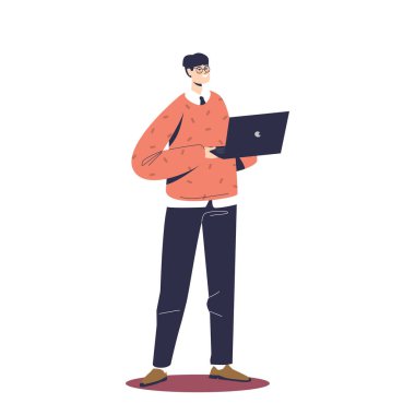 Genç işadamı, sıradan kıyafetler giyen, dizüstü bilgisayarı olan, izole edilmiş bir portre.