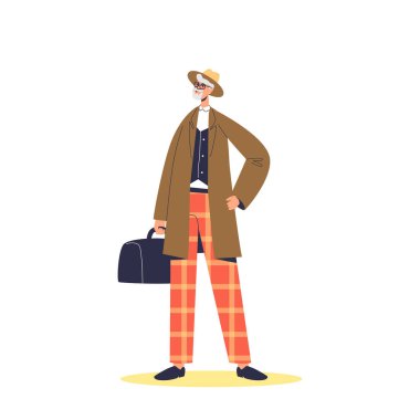 Şapkalı ve siperli şık hippi kıdemli adam. Yaşlı erkek müşteriler için modaya uygun kıyafet.