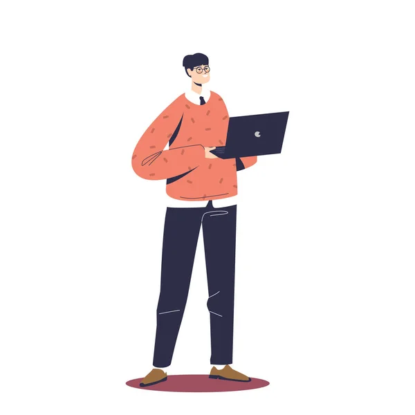 Young businessman, startup owner in casual clothes holding laptop, isolated full length portrait — 스톡 벡터