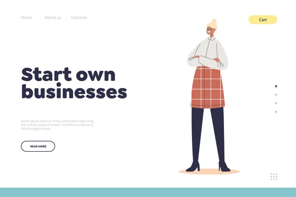 Starten Sie Ihr eigenes Geschäftskonzept der Landing Page mit selbstbewusster Geschäftsfrau mit gefalteten Händen — Stockvektor
