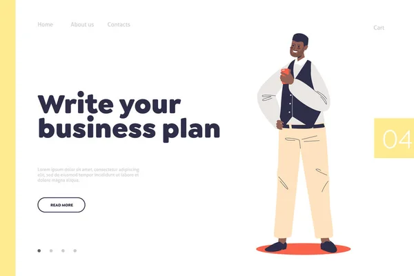 Write business plan concept of landing page with young african american businessman hold smartphone — ストックベクタ