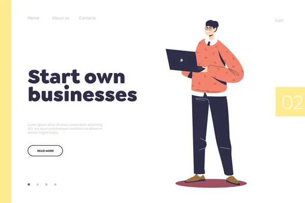 Start uw business concept van landing page met jonge zakenman, startup eigenaar met laptop — Stockvector